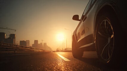 Road to Freedom: A sleek car cruises along a highway towards a sun-drenched horizon, capturing the spirit of open road adventure and the promise of endless possibilities.