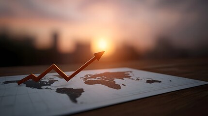 A rising arrow chart overlays a world map at sunset symbolizing global economic growth and success