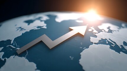 A rising financial arrow graph points across a glowing globe during sunrise symbolizing global economic growth