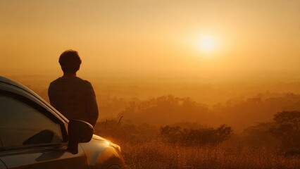 Sunset Contemplation: A silhouetted figure stands beside a car, gazing at a breathtaking sunset, symbolizing reflection and journey, a moment of peace and introspection amid a backdrop of warm.