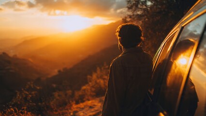 Golden Horizon: Silhouette of a person enjoying the panoramic view of rolling hills as the setting sun paints the sky with warm colors. It's a moment of reflection and appreciation of nature's beauty.