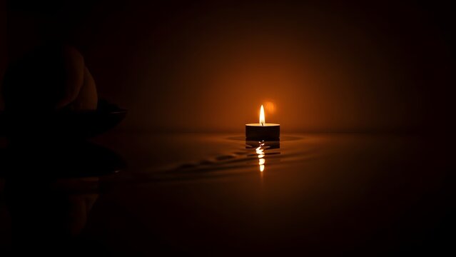 A glowing yellow flame on a burning wax candle flickers against the black night, casting a warm light through the darkness with the heat and glow of a holy Christmas candlelight - Powered by Adobe