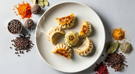Glistening Momos Paired With Exotic Spices on a Marble Countertop for High-End Cuisine