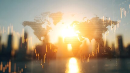 Global map overlaid on a blurred city skyline at golden hour featuring financial charts symbolizing international economy and trade