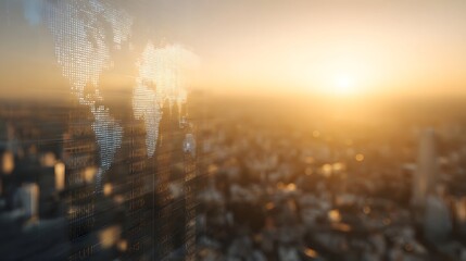Global cityscape at golden hour with a digital overlay of a world map and financial data symbolizing international business and connectivity