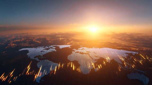 A digital glowing map of the Earth at sunset symbolizing global connectivity and economic growth - Powered by Adobe