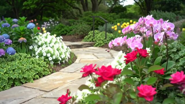 Vibrant garden path lined with blooming roses, hydrangeas, orchids, and tulips.