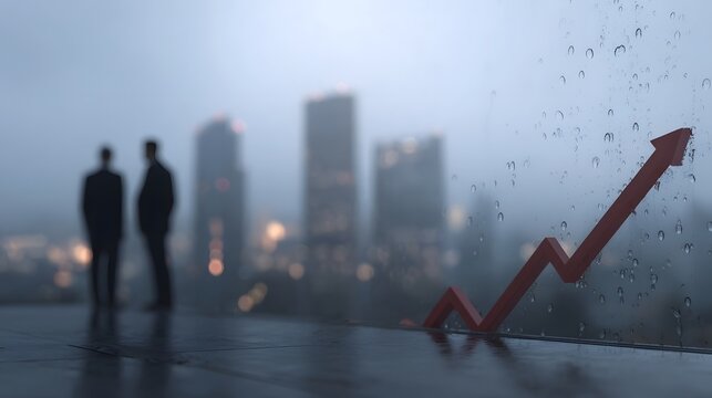 Silhouetted businessmen observe a rising financial graph against a rainy city skyline - Powered by Adobe