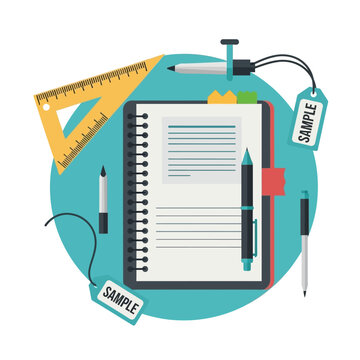 Flat design stationery collection featuring spiral notebook, pens, ruler, and set square.