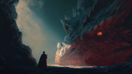 Heroic Knight Battles Fearsome Dragon at Cave Entrance in Epic Fantasy Scene with Glowing Eyes and Dramatic Lighting