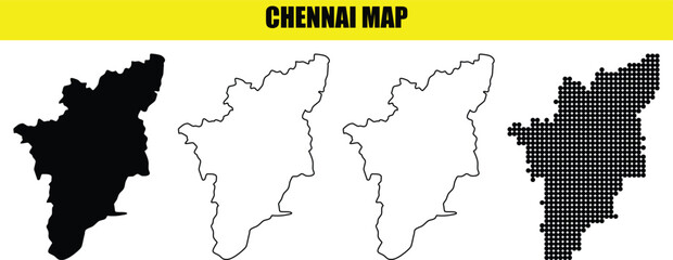 Chennai map vector set Tamil Nadu India district silhouette solid black white outline dot maps blank isolated geographic © Ehan