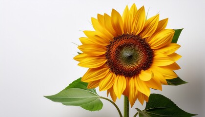 Obraz premium close up of a sunflower showing stem and vibrant green foliage against a plain white backdrop