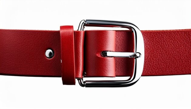 close up of a red leather strap with a metal buckle
