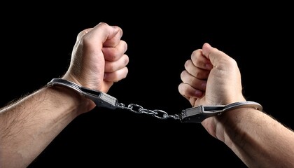 hands holding open handcuffs against black background