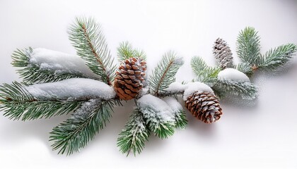 snow covered fir tree branch with pine cones on a white backdrop