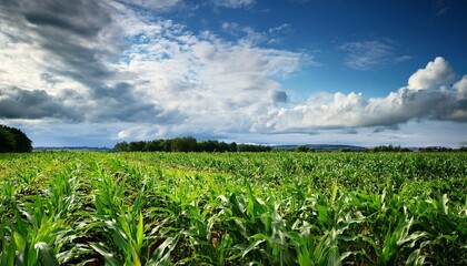 green corn field thriving under cloudy sky in rural farmland during summer season