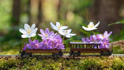 miniature railway track with purple rhododendron and white daisies in spring or summer forest