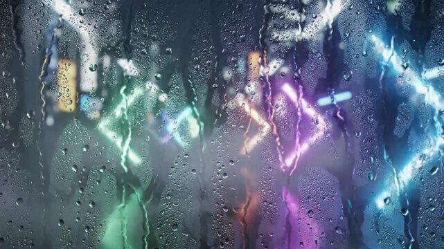 Bright neon arrows flashing rapidly behind a fogged glass window, vibrant electric colors glowing through mist, soft condensation texture on glass, cyberpunk mood, cinematic lighting, smooth anim