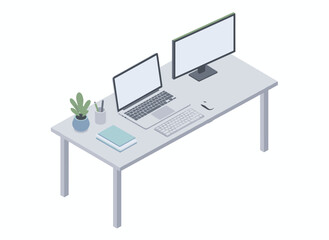 Fototapeta premium Modern workspace setup with dual monitors and laptop