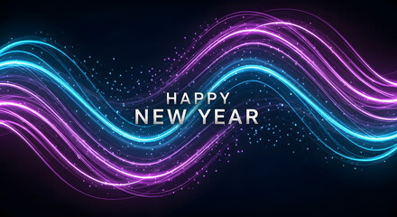 Dynamic neon light waves in vibrant blue and purple create an abstract, futuristic background for a gleaming 'Happy New Year' greeting, perfect for festive celebrations