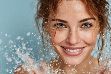 Refreshing Skincare Beauty Portrait with Water Splash and Freckled Complexion