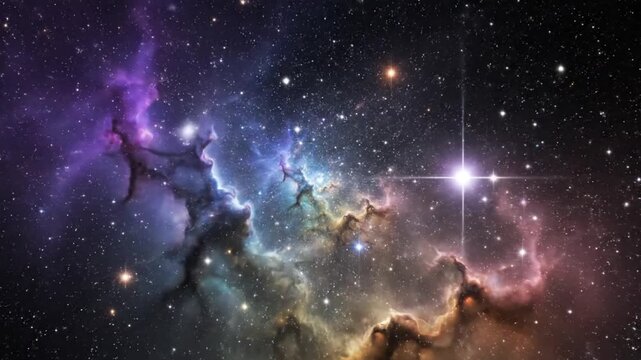 Bright stars emerging through softly moving multicolor space clouds, deep black background, elegant cosmic glow, seamless loop feel, high-definition FullHD motion video