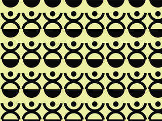 This image displays a repeating geometric pattern consisting of abstract black figures on a pale yellow background. Each figure is symmetrical and stylized, featuring a large semi-circle base,