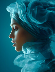 Ethereal Profile Beauty Portrait with Sculptural Teal Fabric Headpiece