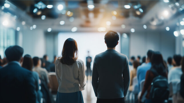Korean office workers attending a training session in a modern conference hall, corporate learning concept