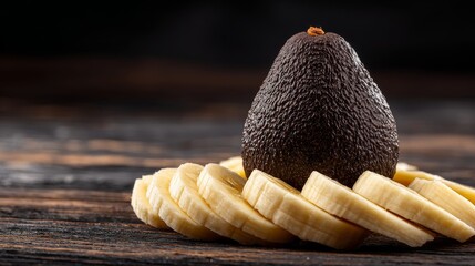A Ripe Avocado Fruit Placed Beside Sliced Bananas on a Rustic Wooden Surface, Showcasing Healthy Ingredients for Culinary Delights