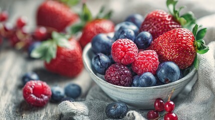 A Rustic Bowl Overflowing With Freshly Picked Strawberries Blueberries and Raspberries