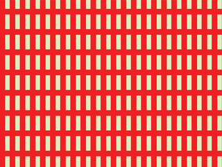 This abstract image displays a minimalist geometric pattern set against a solid red background. Rows and columns of small, light-colored vertical rectangles form a tight, repetitive grid across 