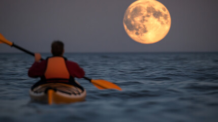 Nighttime kayak adventure under the moonlight, paddling across the tranquil waters, embracing the serenity of the night, a peaceful escape. Nature's beauty on display.