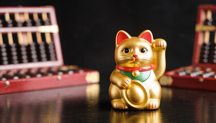 Golden Maneki Neko Figurine on Table.