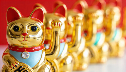 Golden Maneki Neko Cat Figurines in a Row.