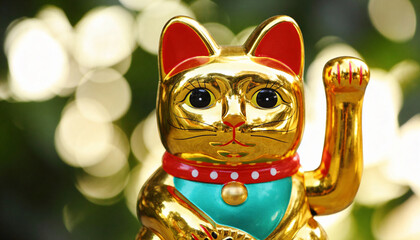 Golden Maneki Neko Cat Figurine with Red Ears.