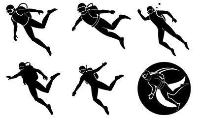 Diver Silhouettes in Various Swimming Positions with Transparent Background underwater scuba