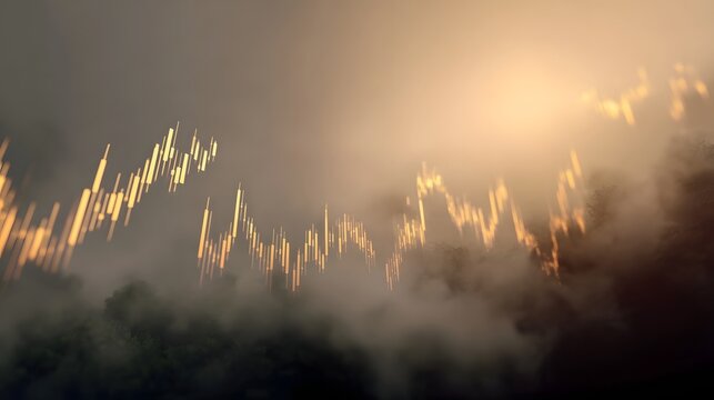 Golden financial trading graph trending up and down amidst a misty atmospheric landscape - Powered by Adobe