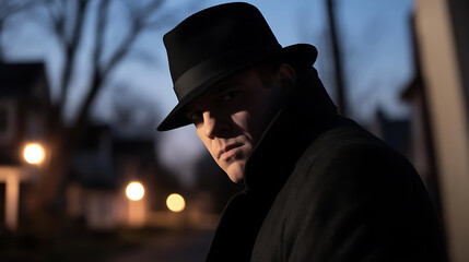 A mysterious man in a hat lurks in the shadows, illuminated by distant streetlights. A figure shrouded in darkness, hinting at secrets. Intense gaze, poised in the night.