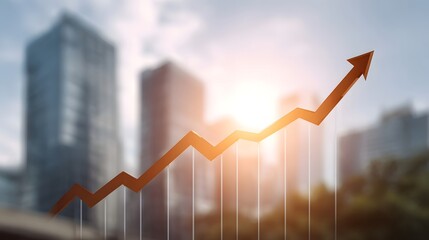 A dynamic upward trending arrow graph superimposed on a blurred cityscape at sunrise