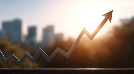 A metallic arrow graph trending upwards against a blurred city skyline and warm sunset sky