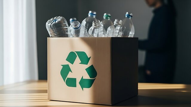 A cardboard box with a green recycle symbol filled with empty plastic bottles for disposal.