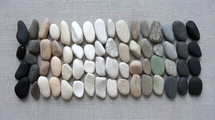 A serene collection of smooth, cool river stones arranged artfully on a textured grey surface, offering natural beauty and calming energy.