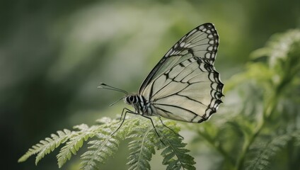 Naklejka premium Beautiful White Butterfly Perched Delicately on a Green Fern Leaf in Nature.