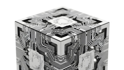 A futuristic metallic cube with abstract data engravings symbolizing the digital economy, Isolated on White background