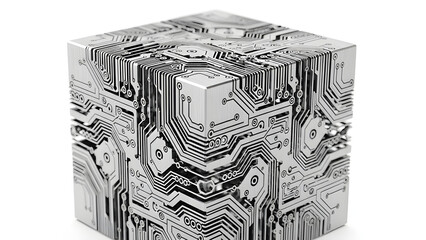 A futuristic metallic cube with abstract data engravings symbolizing the digital economy, Isolated on White background