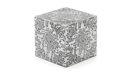 A futuristic metallic cube with abstract data engravings symbolizing the digital economy, Isolated on White background