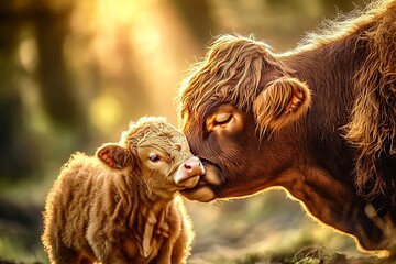 A heartwarming moment captured as a mother cow lovingly licks her calf, the sunlight illuminating the soft textures of their fur.