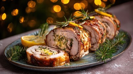 Festive roasted meat roulade with herbs and lemon on a platter