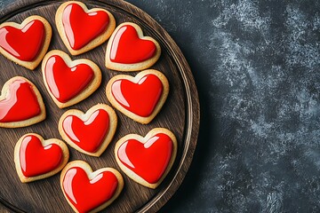 Heart-shaped cookies with red icing arranged neatly on a wooden platter 